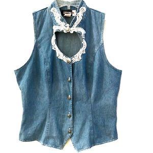 Shelbi Ranch PL WESTERN denim top Sleeveless Vintage Cut out Lace peek a boo